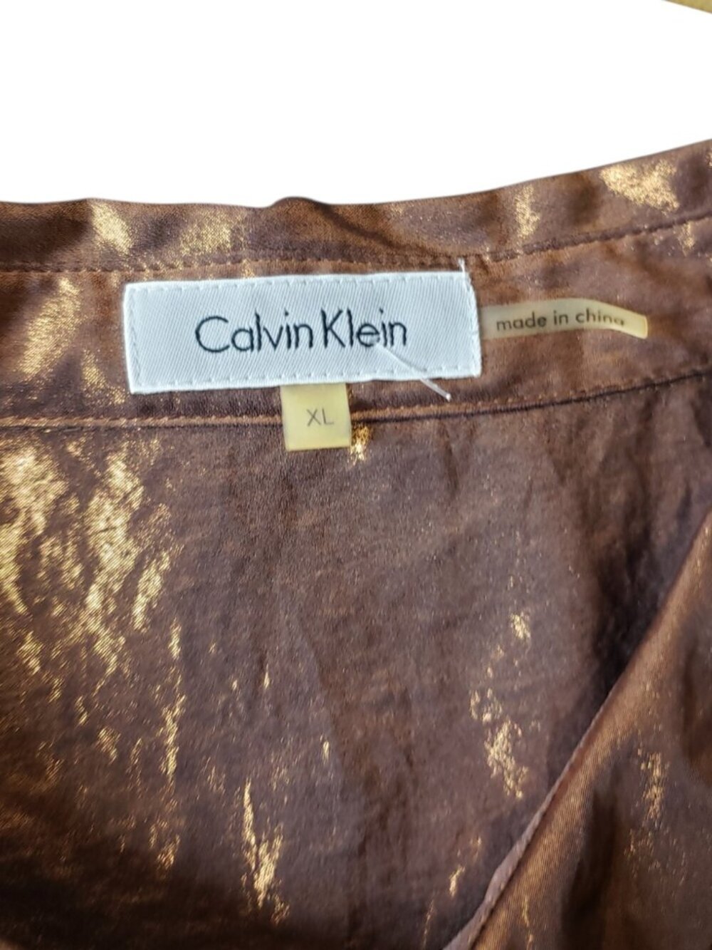 Calvin Klein Button Up Roll Tab Sleeves Womens Shirt Metallic Bronze XLarge - Picture 6 of 12